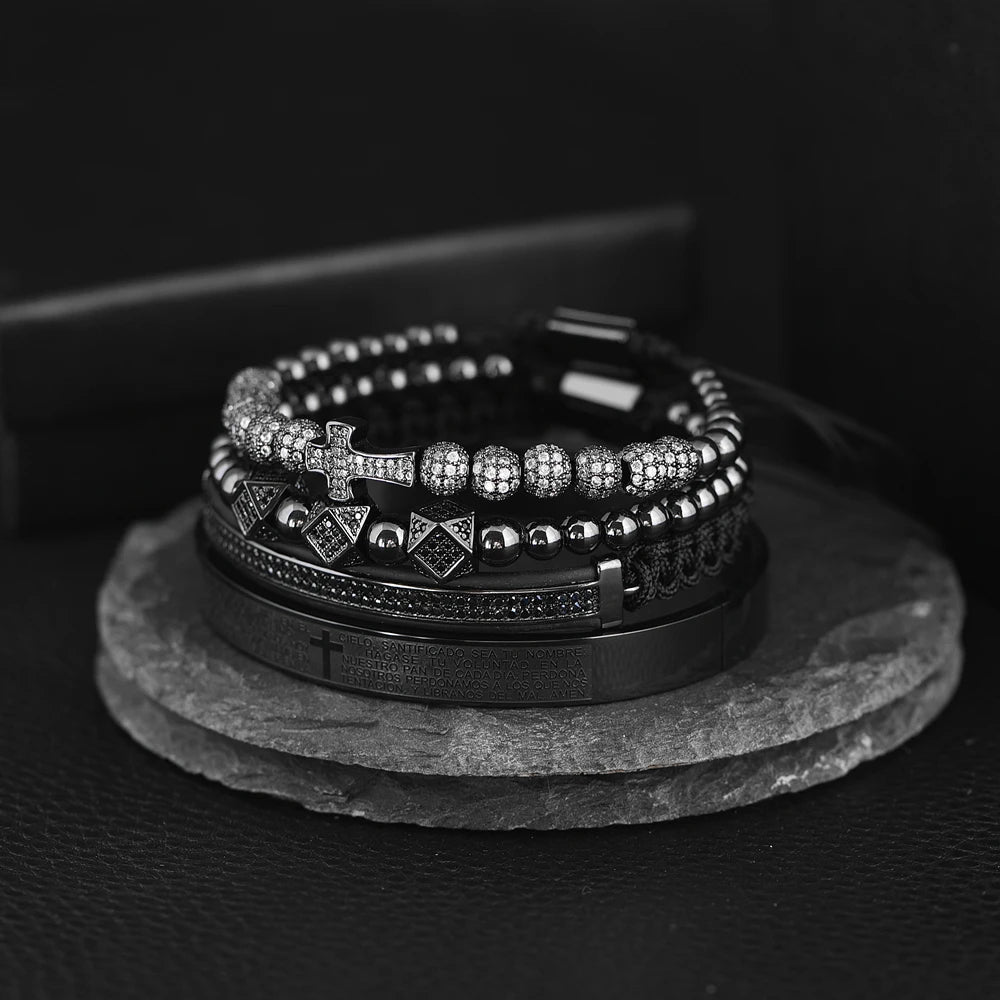 Aço escultura espanhola escritura bracelete para homens, micro zircão cruz bracelete, jóias artesanais de luxo, quente, conjunto 4pc