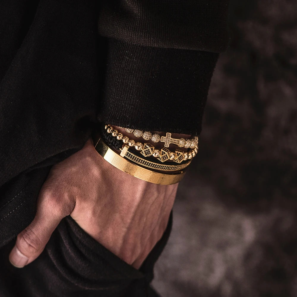 Aço escultura espanhola escritura bracelete para homens, micro zircão cruz bracelete, jóias artesanais de luxo, quente, conjunto 4pc