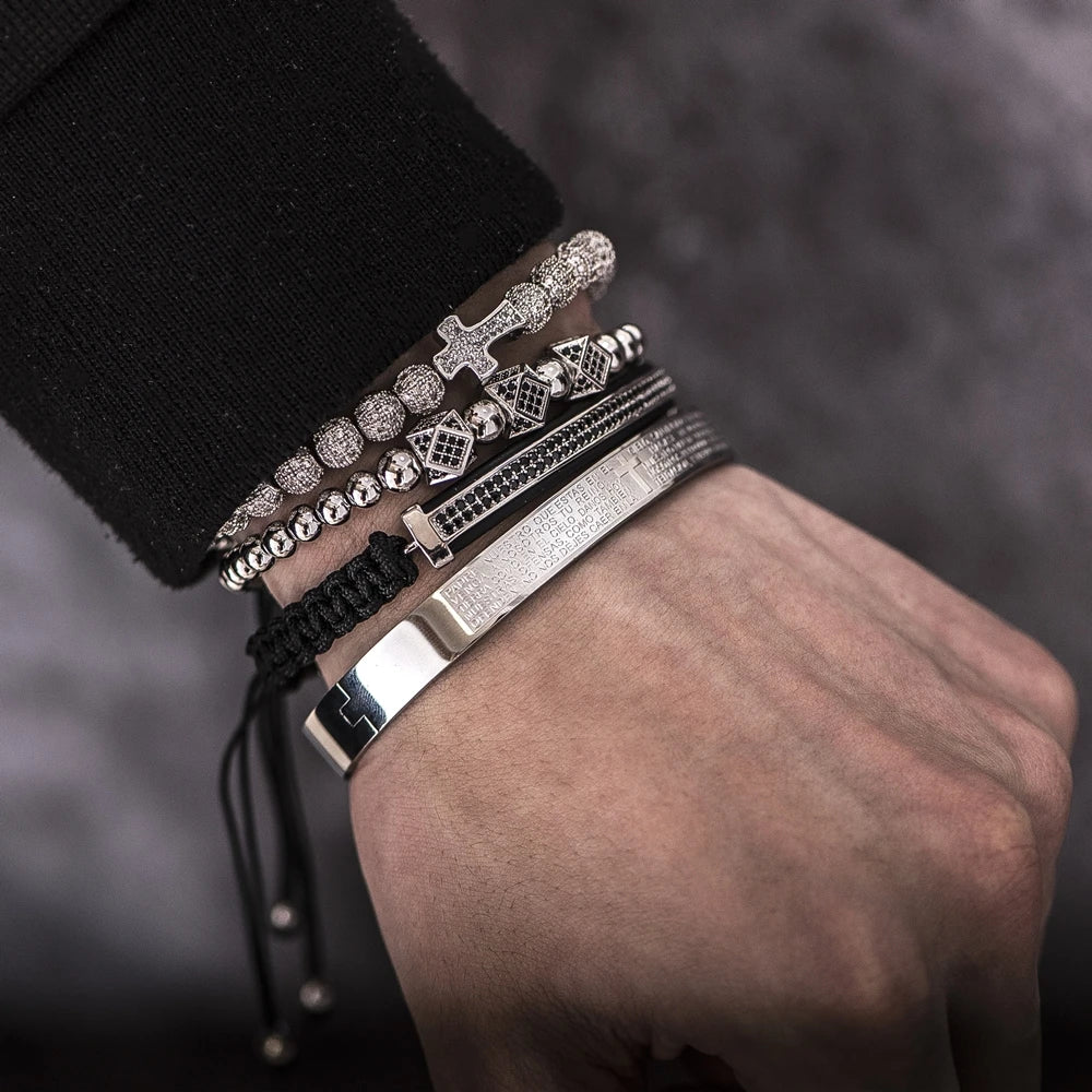 Aço escultura espanhola escritura bracelete para homens, micro zircão cruz bracelete, jóias artesanais de luxo, quente, conjunto 4pc