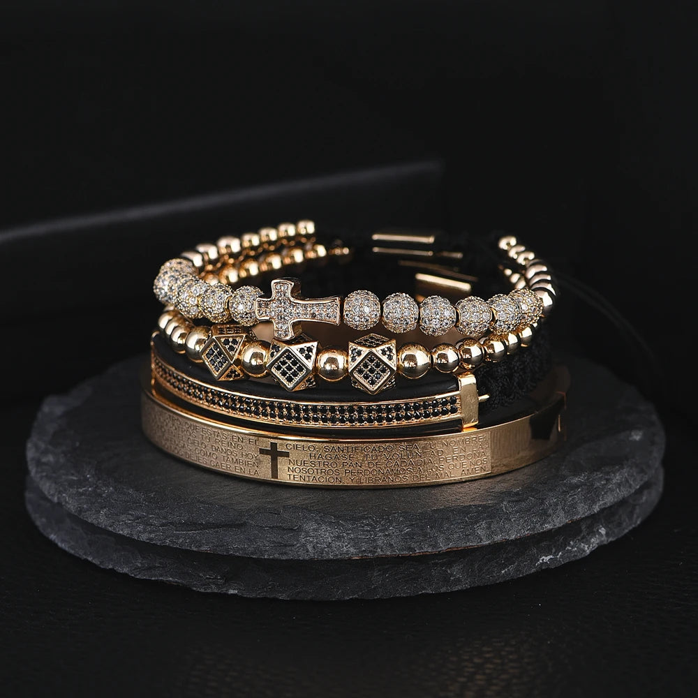 Aço escultura espanhola escritura bracelete para homens, micro zircão cruz bracelete, jóias artesanais de luxo, quente, conjunto 4pc