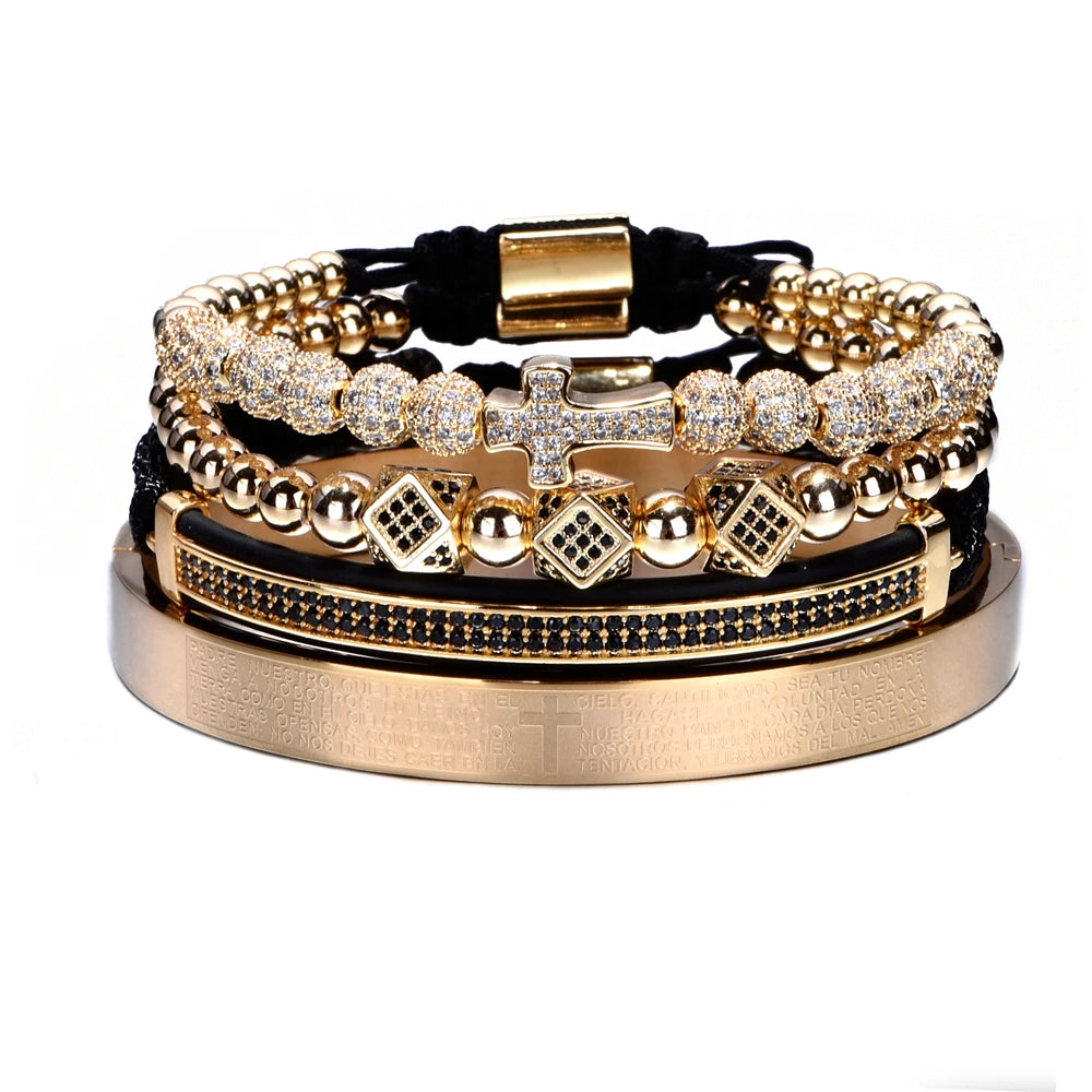 Aço escultura espanhola escritura bracelete para homens, micro zircão cruz bracelete, jóias artesanais de luxo, quente, conjunto 4pc