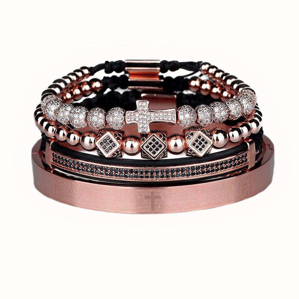 Aço escultura espanhola escritura bracelete para homens, micro zircão cruz bracelete, jóias artesanais de luxo, quente, conjunto 4pc