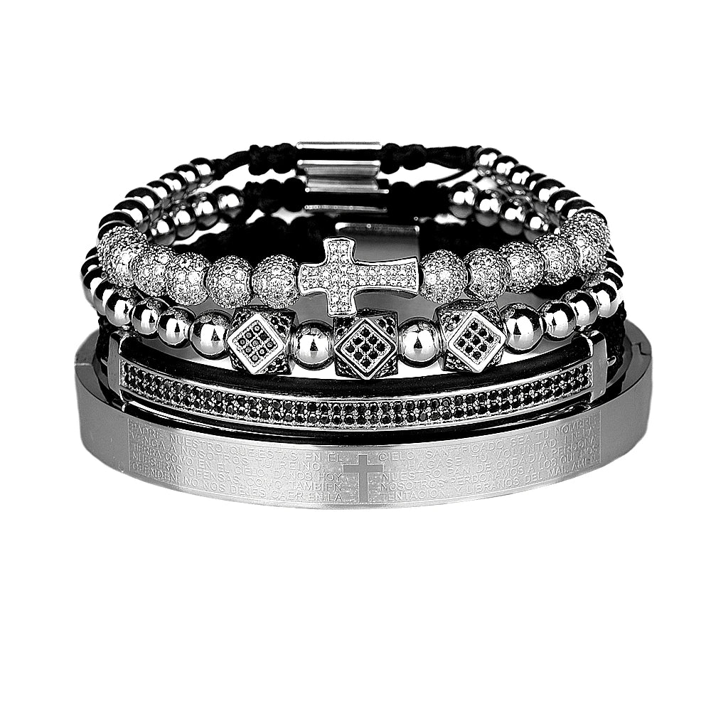 Aço escultura espanhola escritura bracelete para homens, micro zircão cruz bracelete, jóias artesanais de luxo, quente, conjunto 4pc