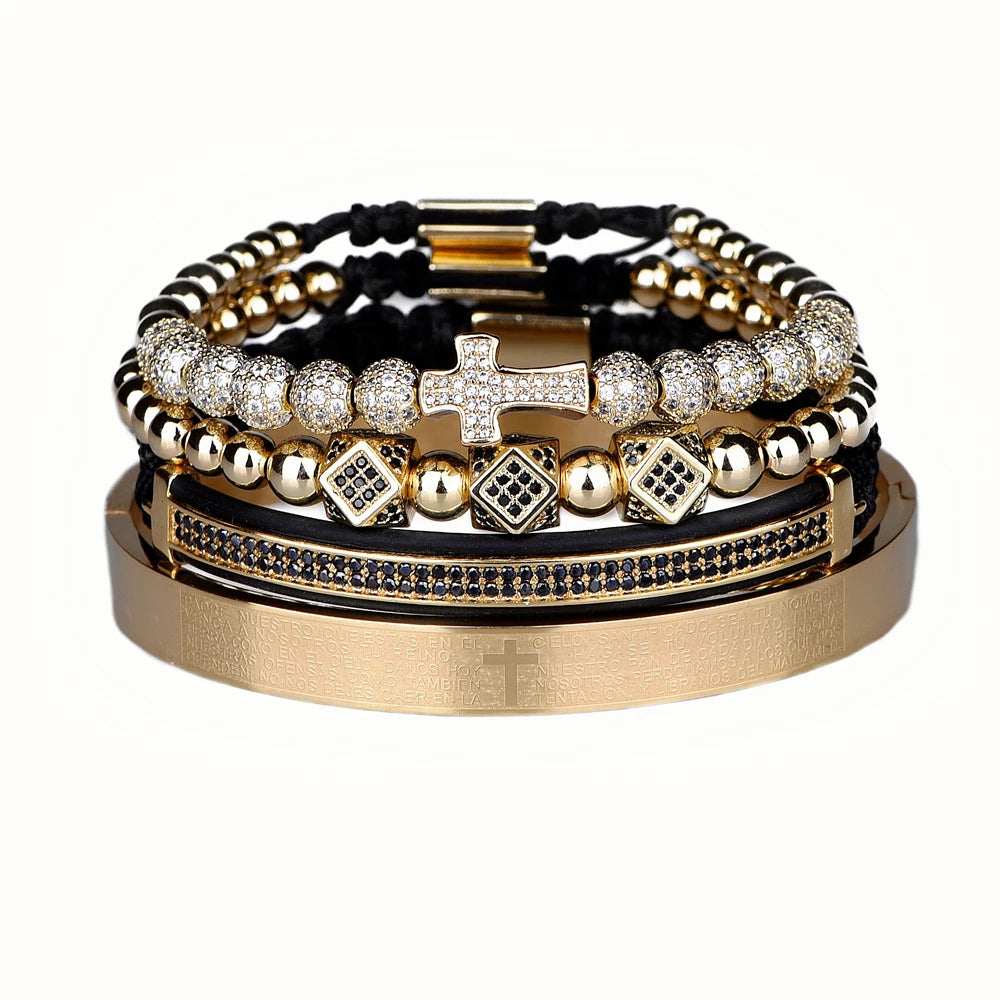 Aço escultura espanhola escritura bracelete para homens, micro zircão cruz bracelete, jóias artesanais de luxo, quente, conjunto 4pc