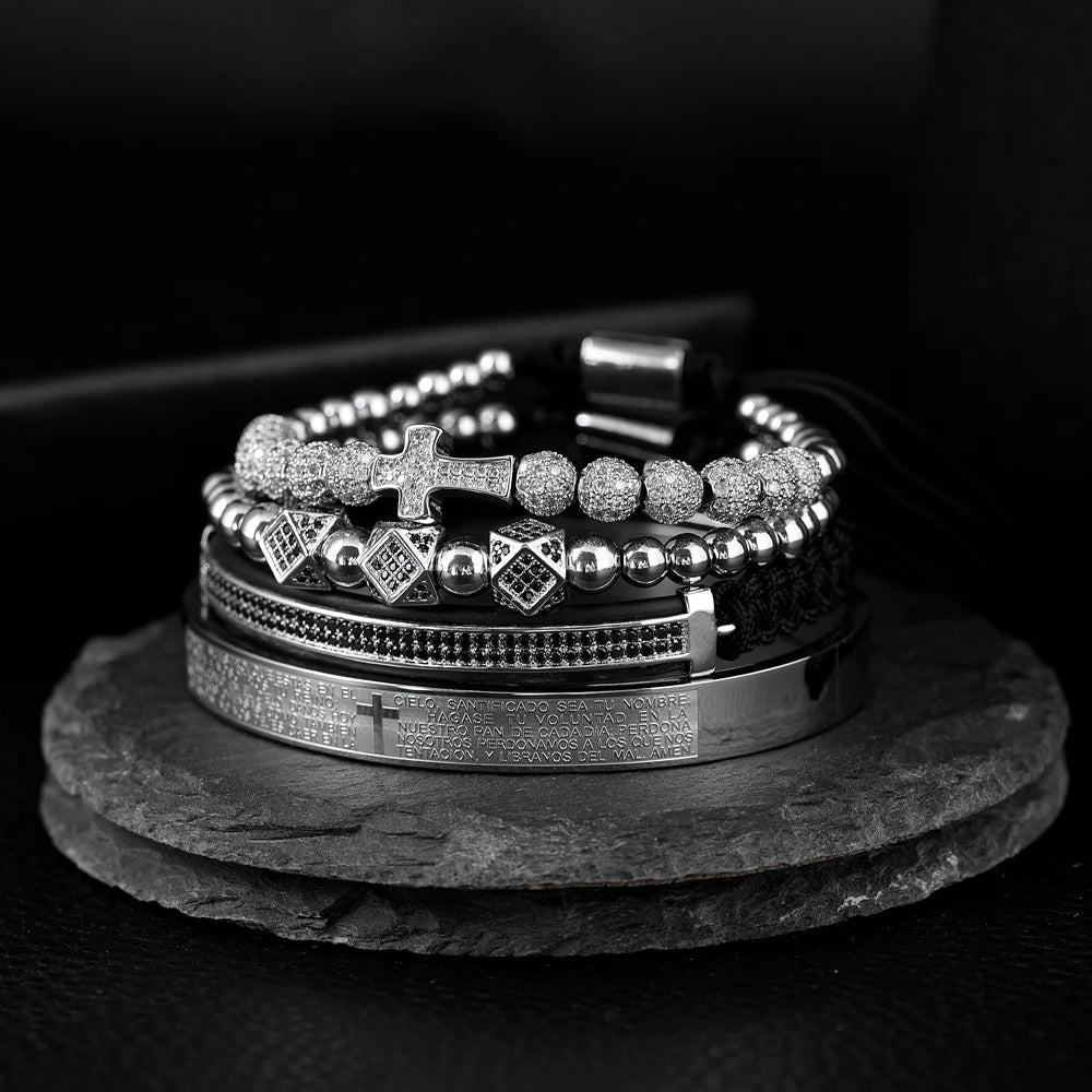 Aço escultura espanhola escritura bracelete para homens, micro zircão cruz bracelete, jóias artesanais de luxo, quente, conjunto 4pc