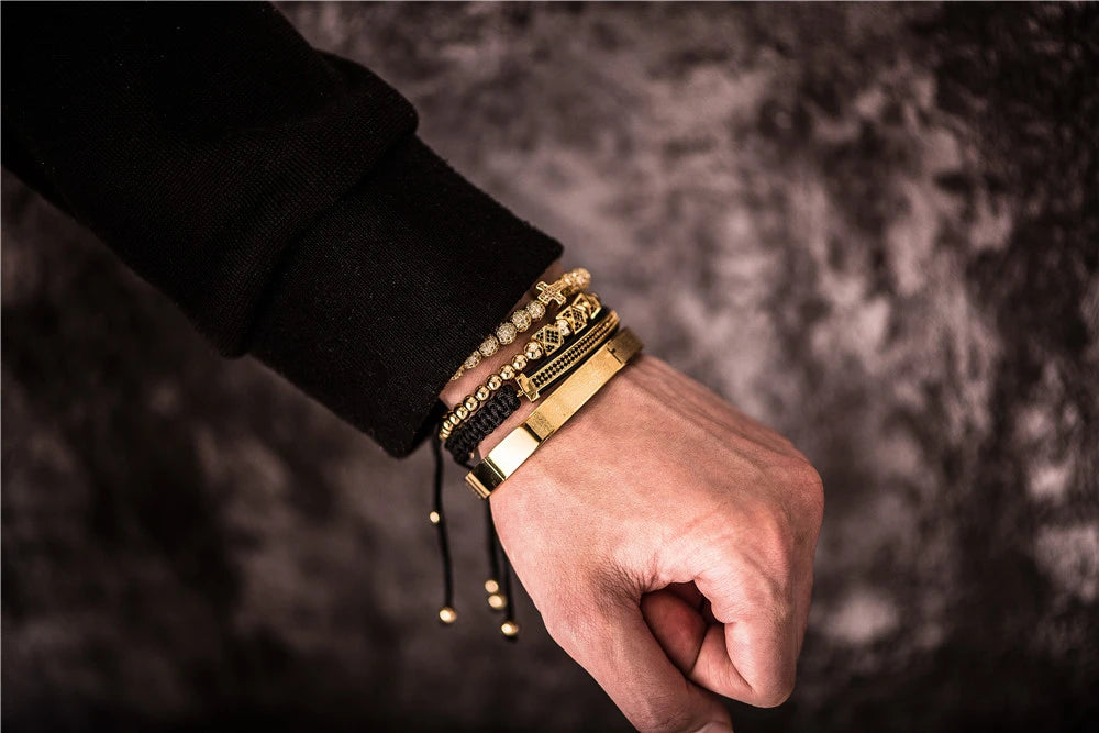 Aço escultura espanhola escritura bracelete para homens, micro zircão cruz bracelete, jóias artesanais de luxo, quente, conjunto 4pc