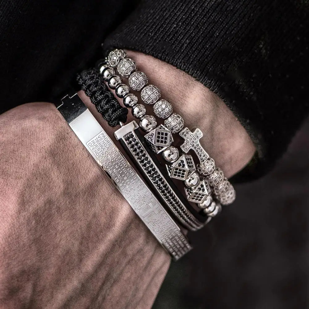 Aço escultura espanhola escritura bracelete para homens, micro zircão cruz bracelete, jóias artesanais de luxo, quente, conjunto 4pc