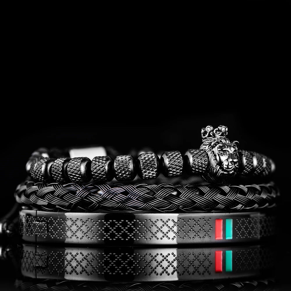 Pulseira com cabeça de leão para homens, amuleto coroa real, aço inoxidável, ajustável para casal joias, esmalte luxuoso verde e vermelho, geometryOpen