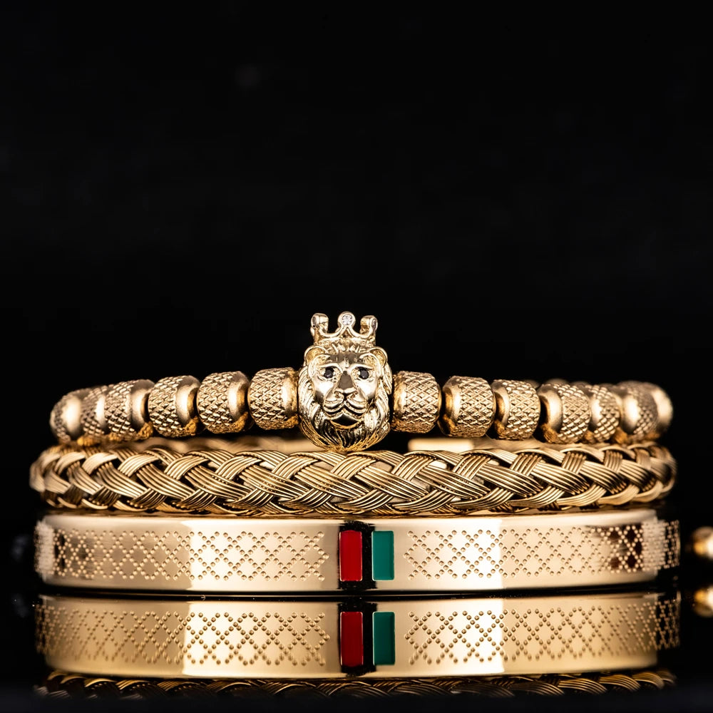 Pulseira com cabeça de leão para homens, amuleto coroa real, aço inoxidável, ajustável para casal joias, esmalte luxuoso verde e vermelho, geometryOpen