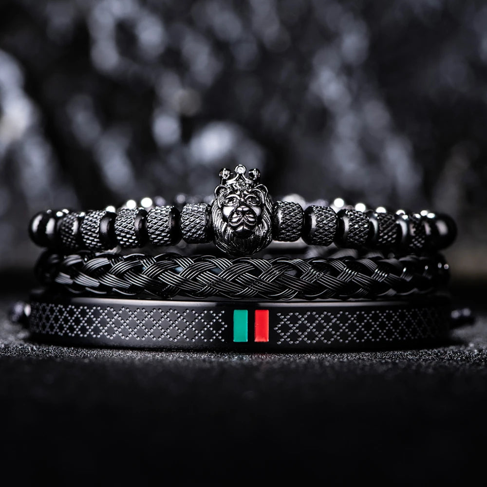 Pulseira com cabeça de leão para homens, amuleto coroa real, aço inoxidável, ajustável para casal joias, esmalte luxuoso verde e vermelho, geometryOpen