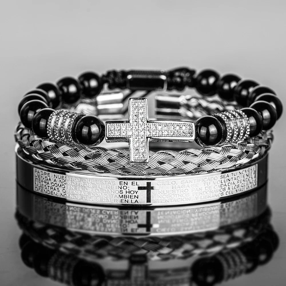 Pulseira masculina vintage de ônix preto com contas e cruz de zircônia sintética, versículos da bíblia, pulseira de aço inoxidável, joias religiosas