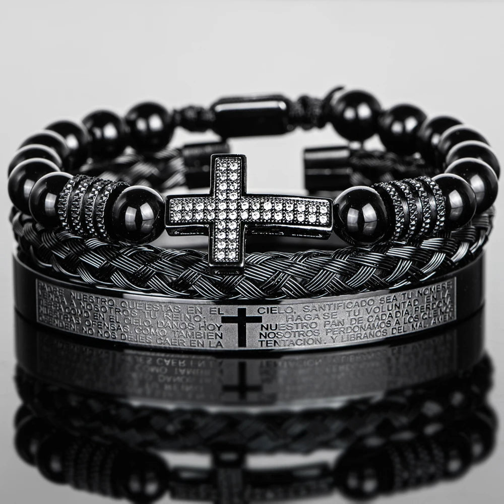 Pulseira masculina vintage de ônix preto com contas e cruz de zircônia sintética, versículos da bíblia, pulseira de aço inoxidável, joias religiosas