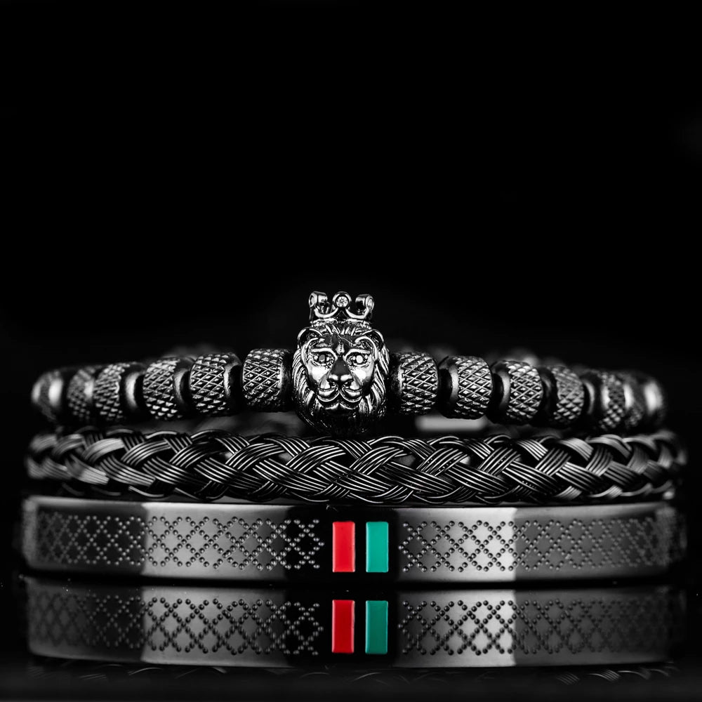Pulseira com cabeça de leão para homens, amuleto coroa real, aço inoxidável, ajustável para casal joias, esmalte luxuoso verde e vermelho, geometryOpen