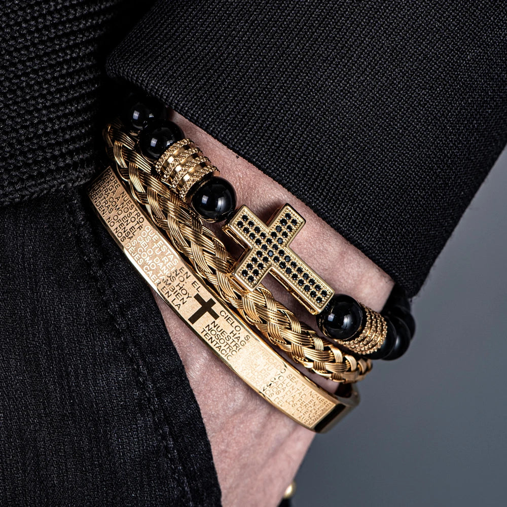 Pulseira masculina vintage de ônix preto com contas e cruz de zircônia sintética, versículos da bíblia, pulseira de aço inoxidável, joias religiosas