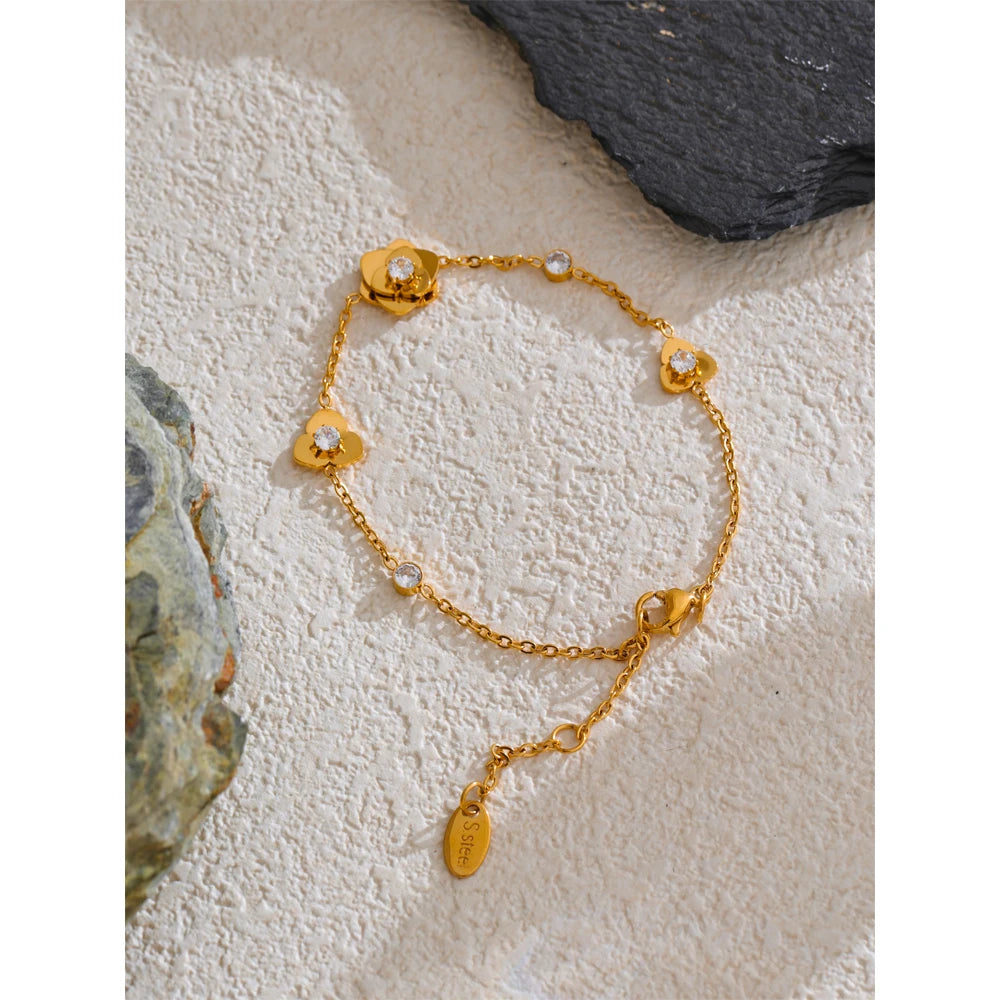 Yhpup presente design exclusivo aço inoxidável zircônia metal flor pulseira feminina 18k cor dourada delicada joias de pulso