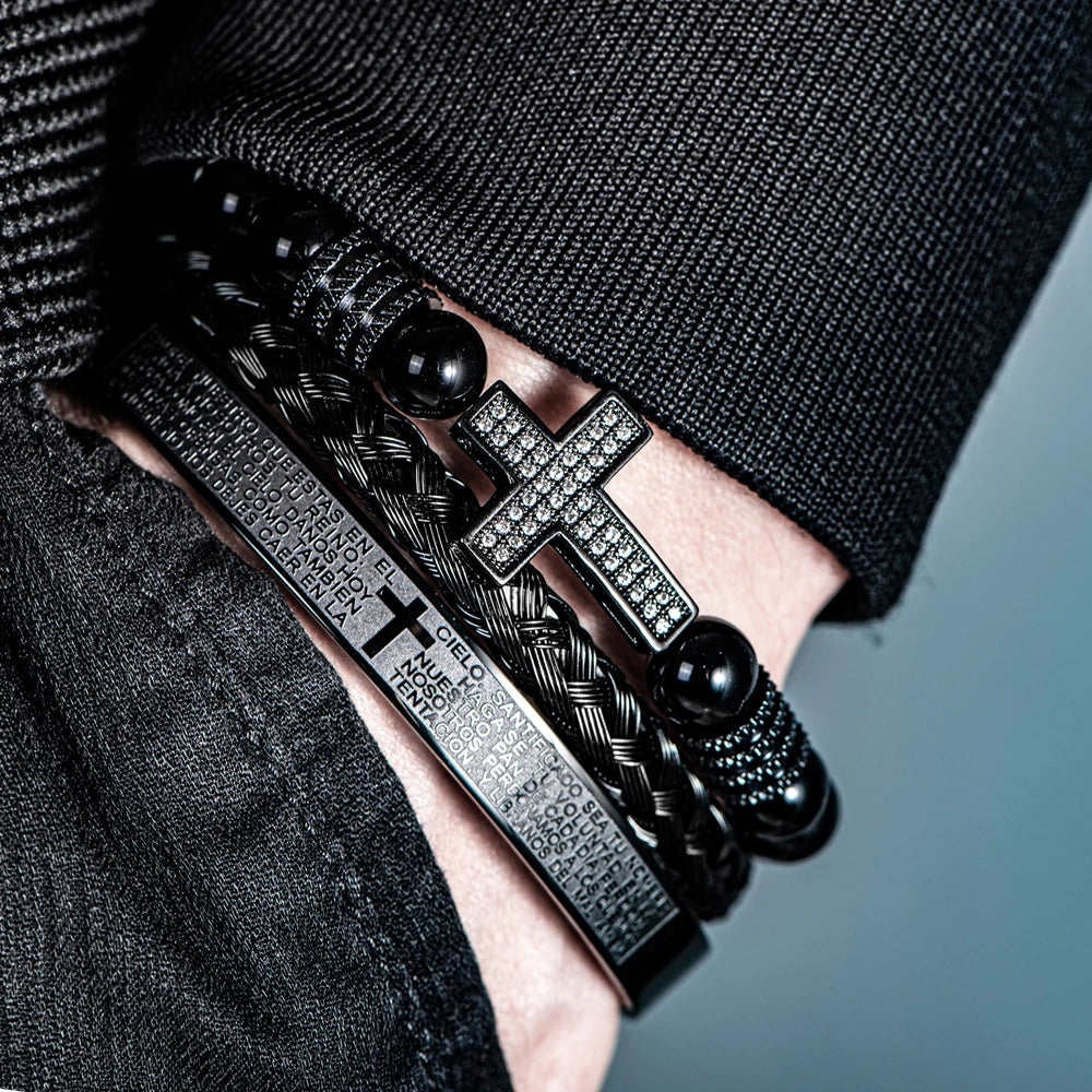 Pulseira masculina vintage de ônix preto com contas e cruz de zircônia sintética, versículos da bíblia, pulseira de aço inoxidável, joias religiosas