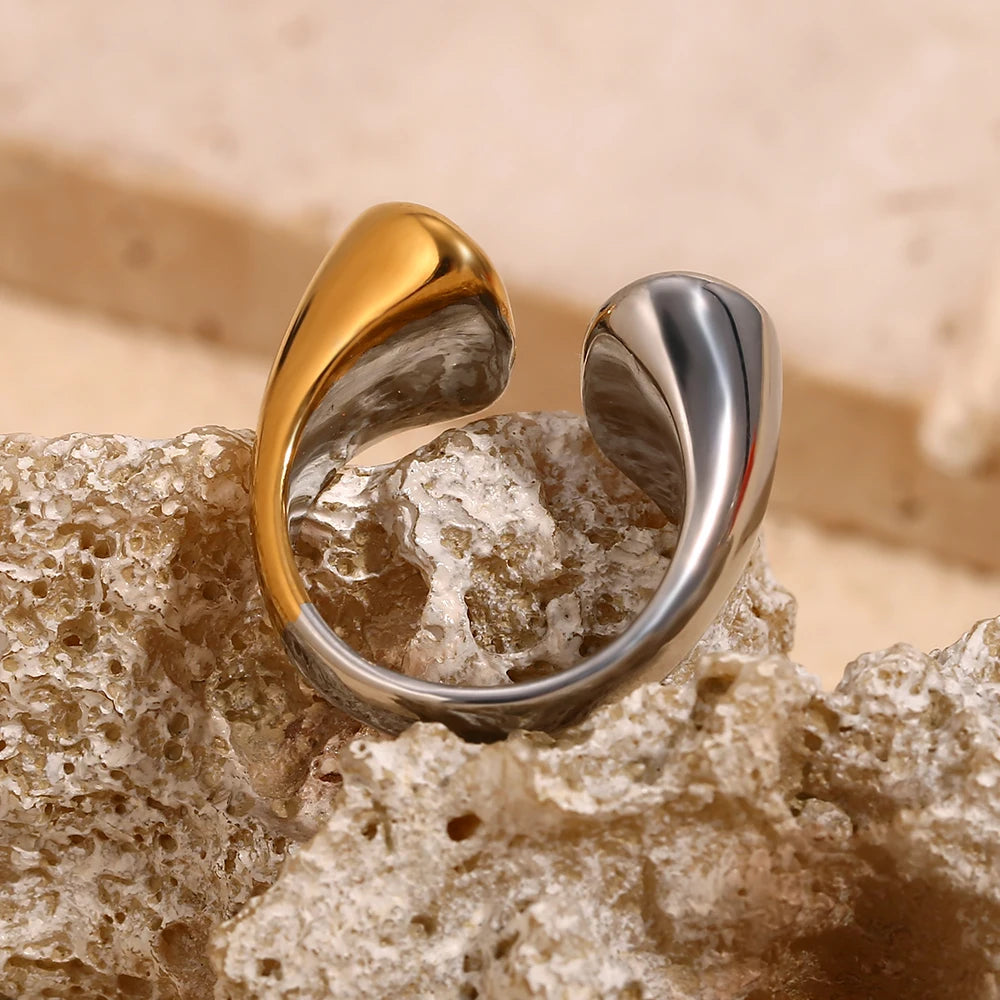 Ebbelle Anel de abertura de cabeças de cor dupla banhado a ouro 18K estilo minimalista anel de joias de aço inoxidável para mulheres festa de meninas