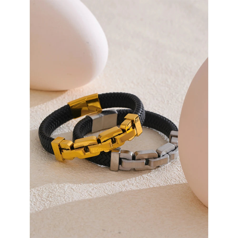 Yhpup chegada 18k pvd banhado a aço inoxidável corrente de metal couro artesanal pulseira masculina jóias de alta qualidade à prova dwaterproof água