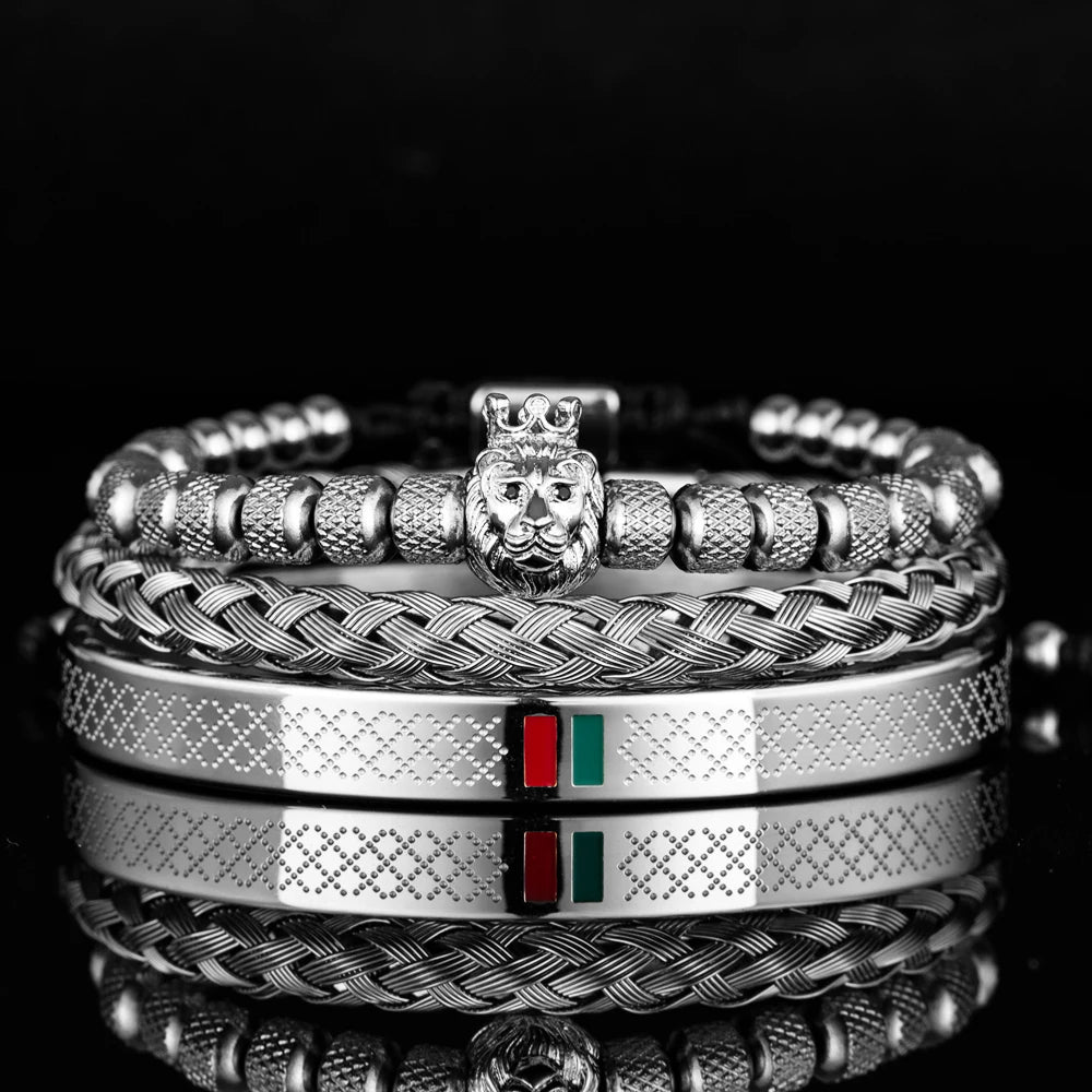 Pulseira com cabeça de leão para homens, amuleto coroa real, aço inoxidável, ajustável para casal joias, esmalte luxuoso verde e vermelho, geometryOpen