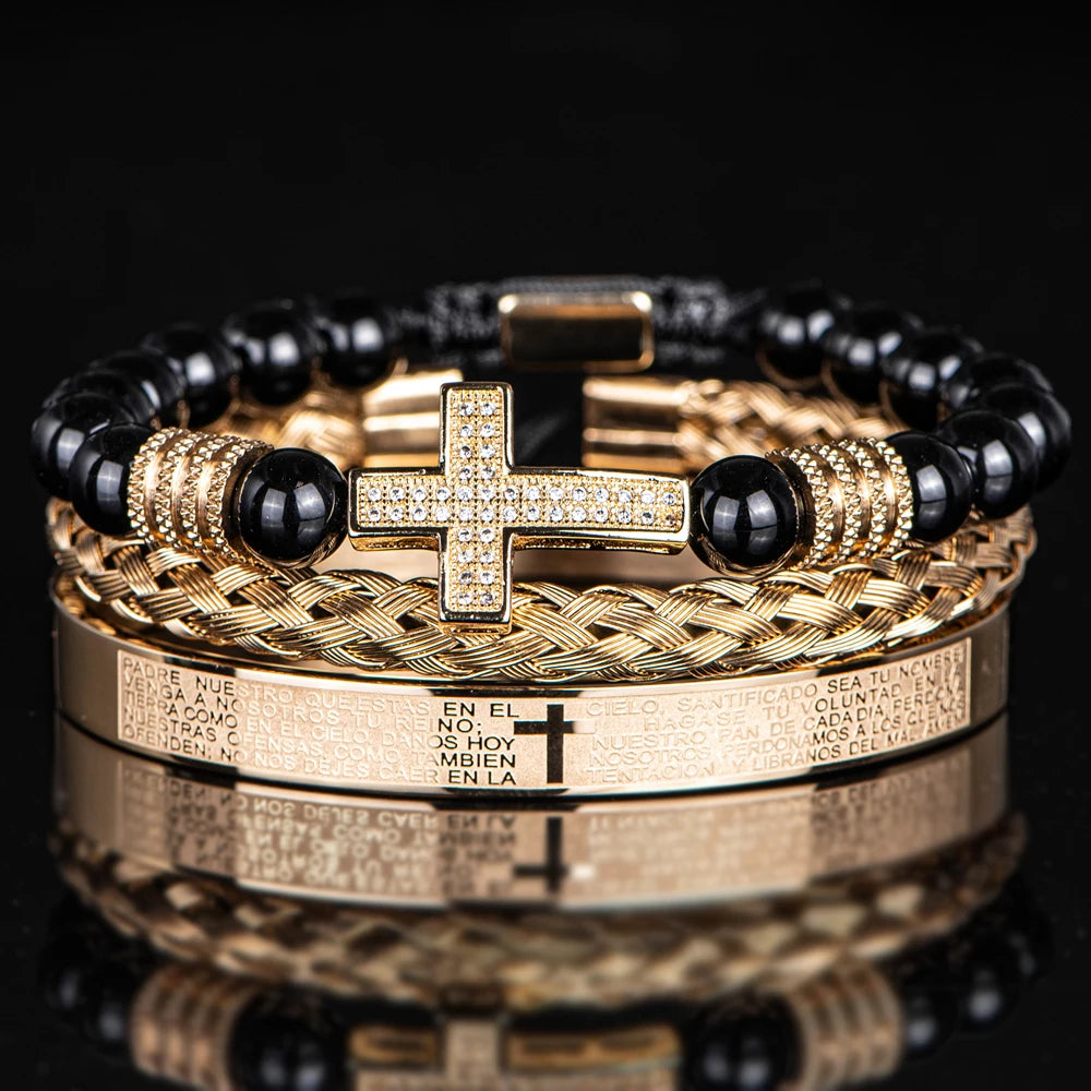 Pulseira masculina vintage de ônix preto com contas e cruz de zircônia sintética, versículos da bíblia, pulseira de aço inoxidável, joias religiosas