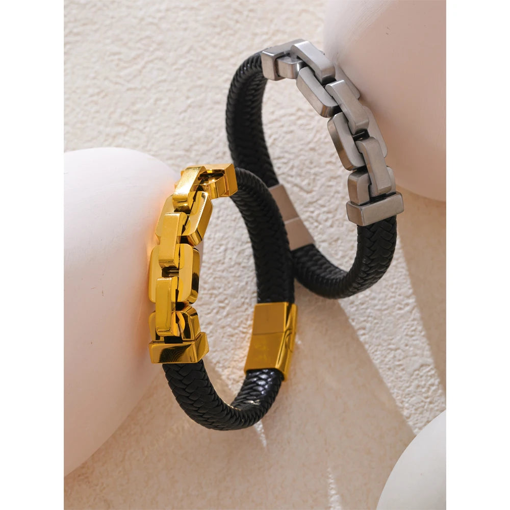 Yhpup chegada 18k pvd banhado a aço inoxidável corrente de metal couro artesanal pulseira masculina jóias de alta qualidade à prova dwaterproof água