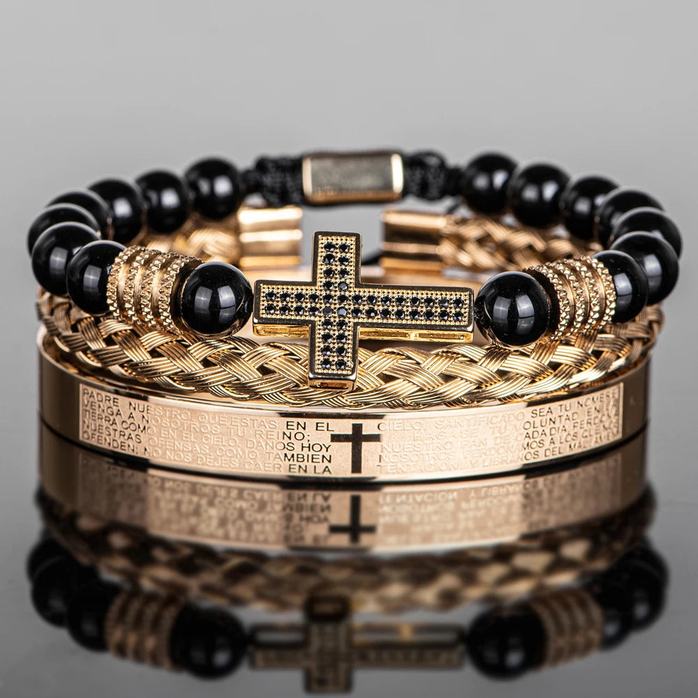 Pulseira masculina vintage de ônix preto com contas e cruz de zircônia sintética, versículos da bíblia, pulseira de aço inoxidável, joias religiosas