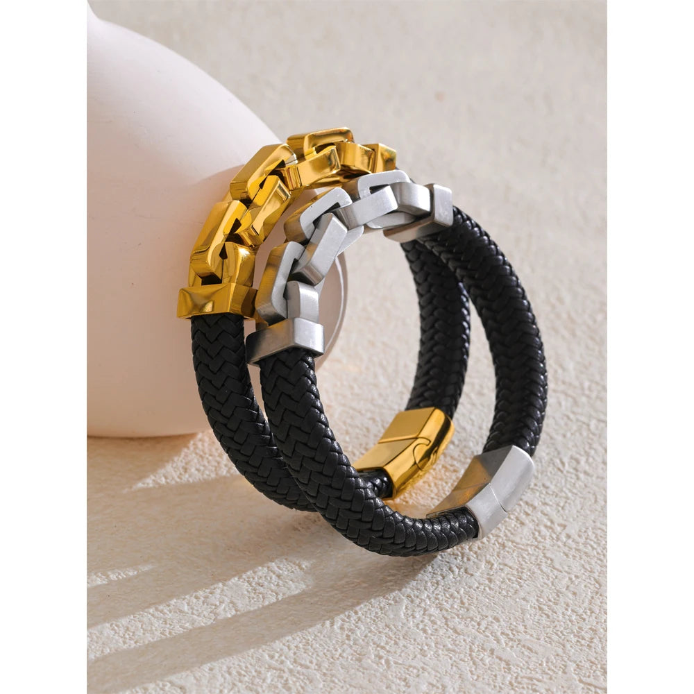 Yhpup chegada 18k pvd banhado a aço inoxidável corrente de metal couro artesanal pulseira masculina jóias de alta qualidade à prova dwaterproof água