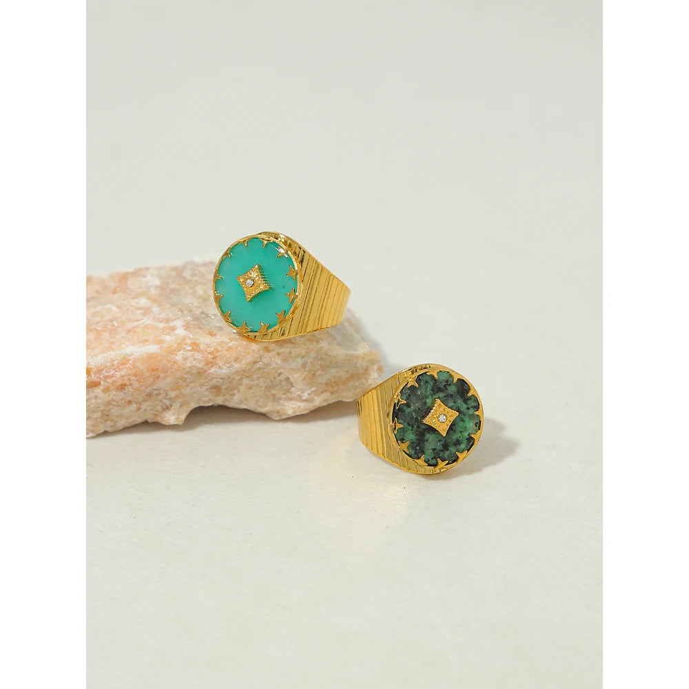 YACHAN 18k banhado a ouro do vintage anéis de aço inoxidável para mulher pedra natural turquesa africano à prova dtrendy água jóias na moda