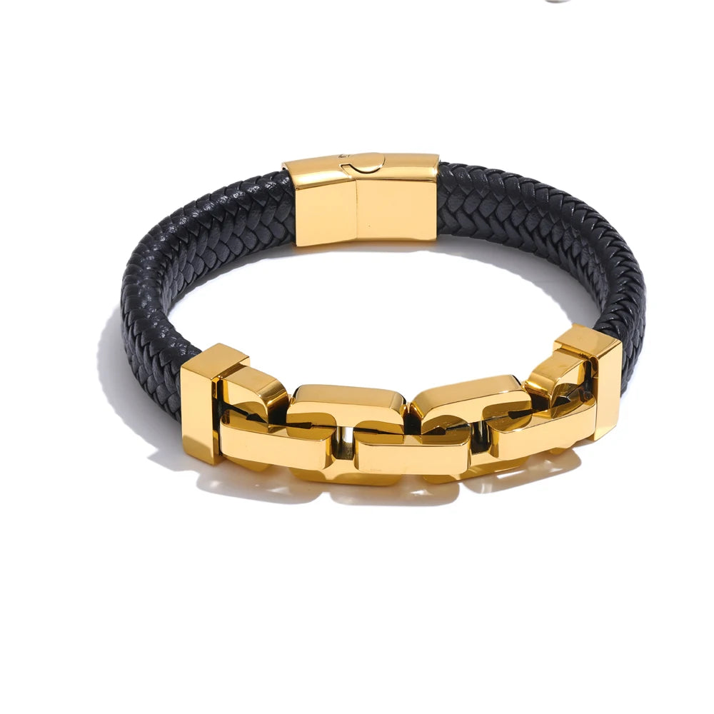 Yhpup chegada 18k pvd banhado a aço inoxidável corrente de metal couro artesanal pulseira masculina jóias de alta qualidade à prova dwaterproof água