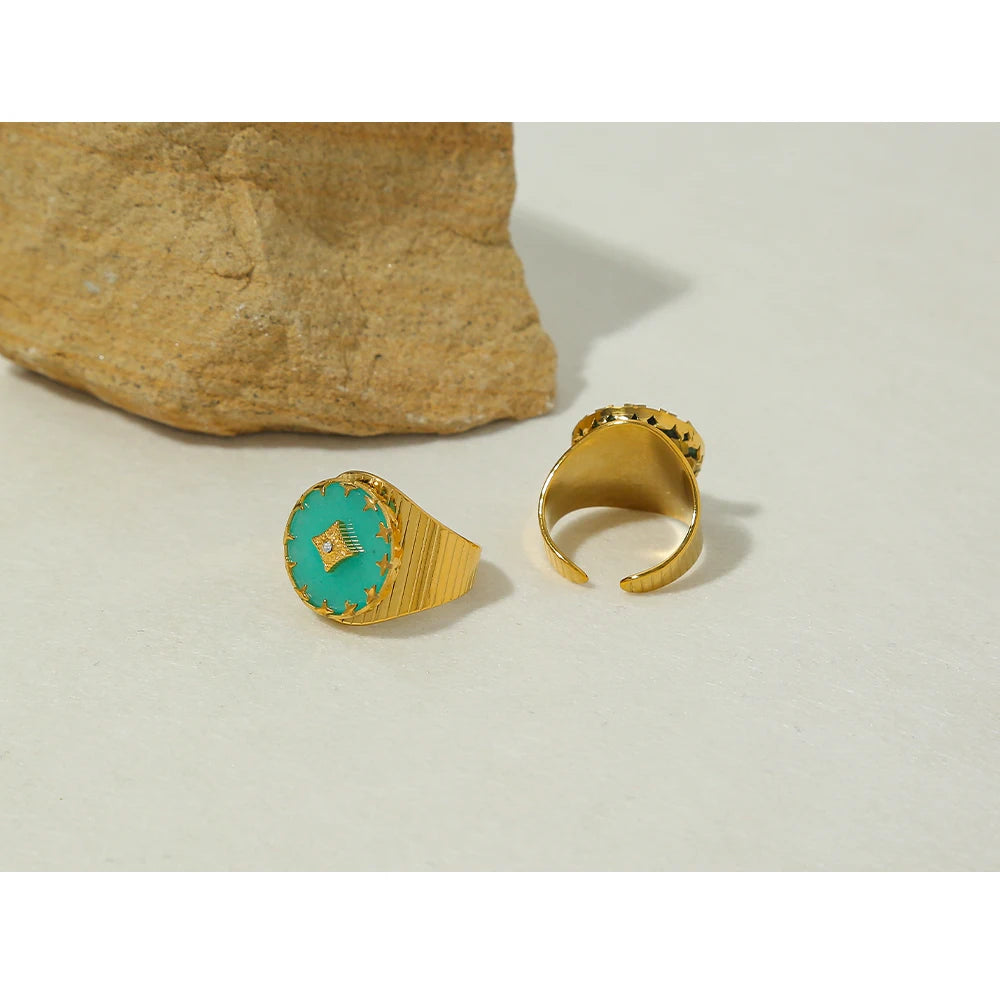 YACHAN 18k banhado a ouro do vintage anéis de aço inoxidável para mulher pedra natural turquesa africano à prova dtrendy água jóias na moda
