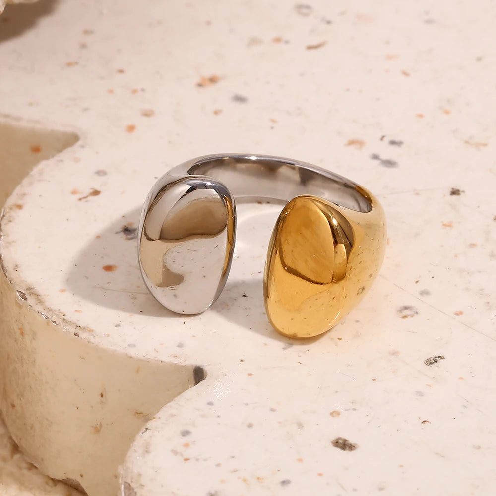 Ebbelle Anel de abertura de cabeças de cor dupla banhado a ouro 18K estilo minimalista anel de joias de aço inoxidável para mulheres festa de meninas