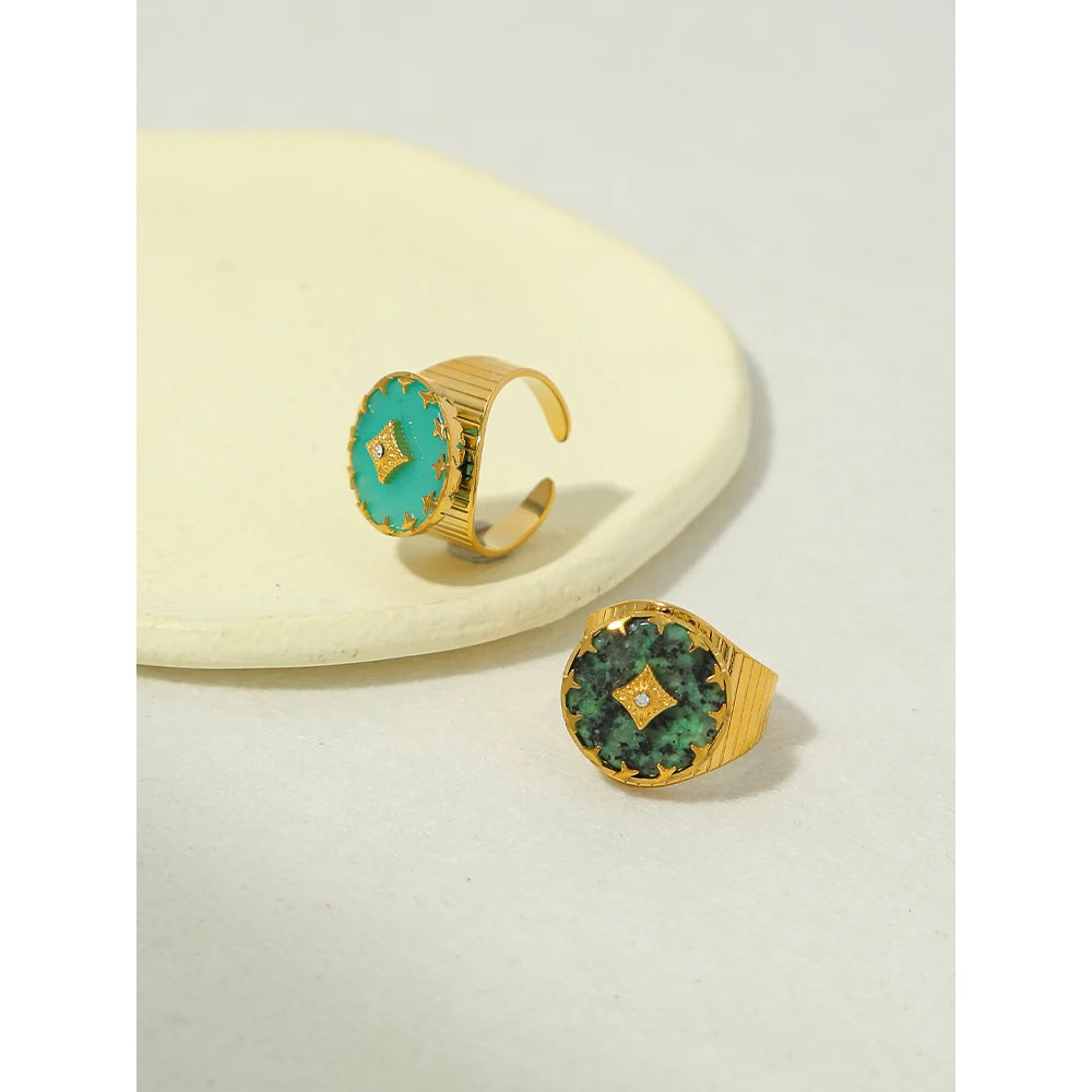 YACHAN 18k banhado a ouro do vintage anéis de aço inoxidável para mulher pedra natural turquesa africano à prova dtrendy água jóias na moda