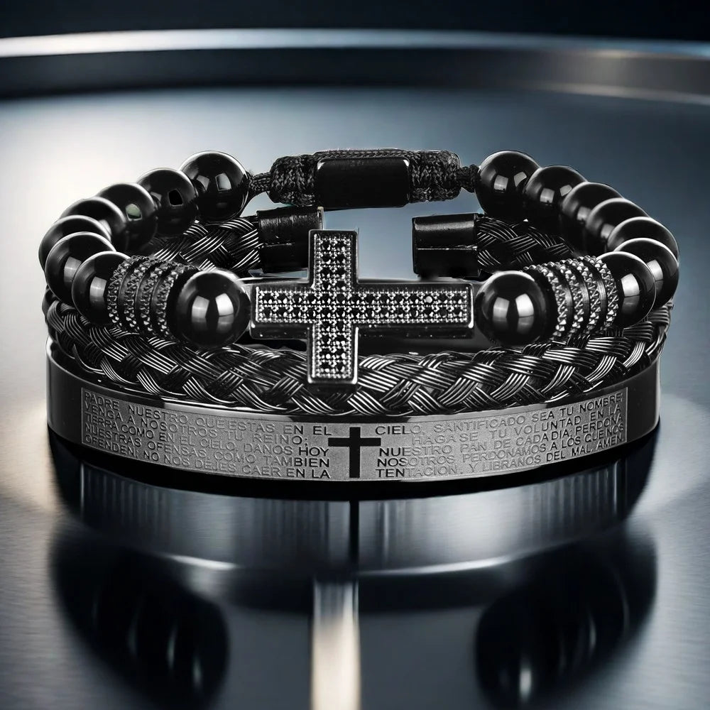 Pulseira masculina vintage de ônix preto com contas e cruz de zircônia sintética, versículos da bíblia, pulseira de aço inoxidável, joias religiosas
