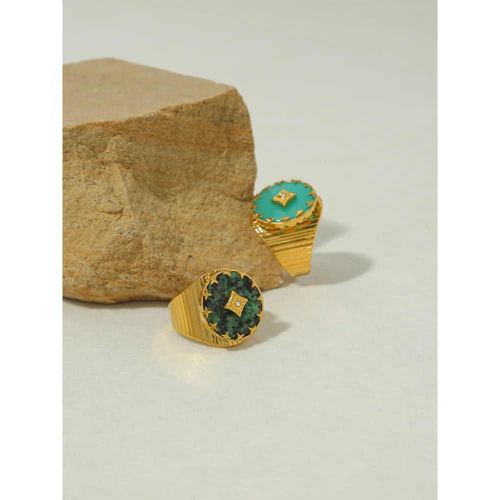 YACHAN 18k banhado a ouro do vintage anéis de aço inoxidável para mulher pedra natural turquesa africano à prova dtrendy água jóias na moda