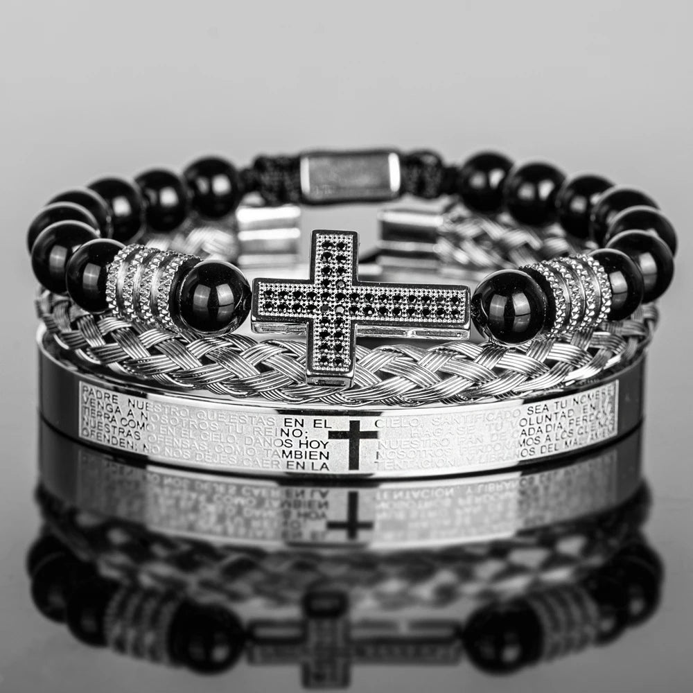 Pulseira masculina vintage de ônix preto com contas e cruz de zircônia sintética, versículos da bíblia, pulseira de aço inoxidável, joias religiosas