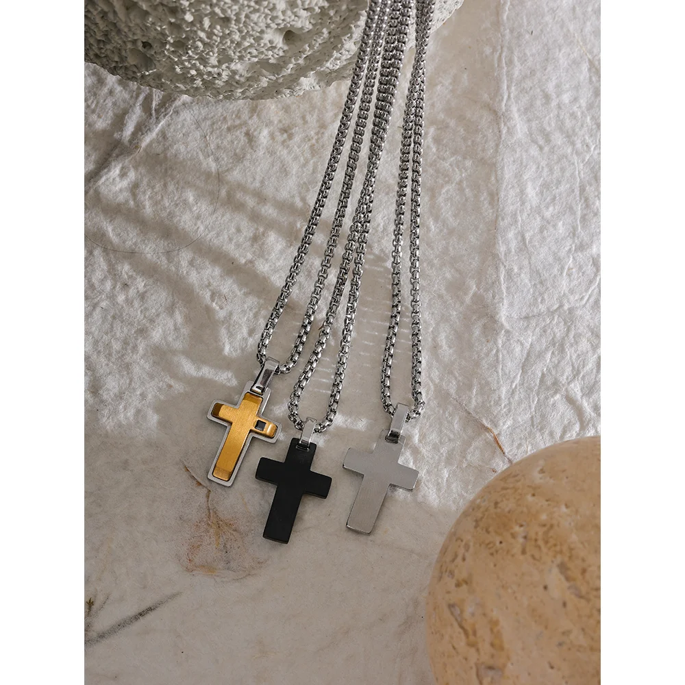 Yhpup-Colar com pingente cruz tridimensional masculino, joia em aço inoxidável, moda clássica minimalista, presente à prova de ferrugem