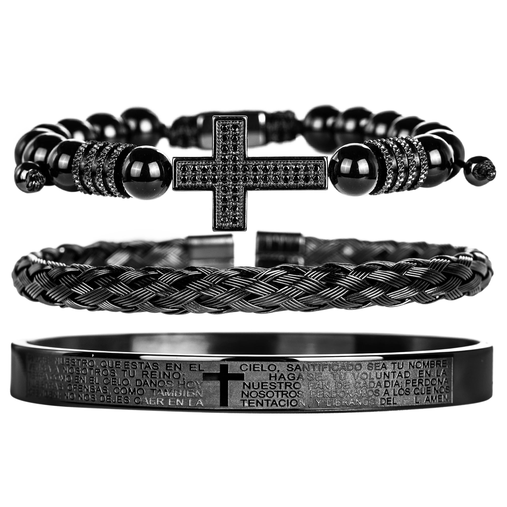Pulseira masculina vintage de ônix preto com contas e cruz de zircônia sintética, versículos da bíblia, pulseira de aço inoxidável, joias religiosas