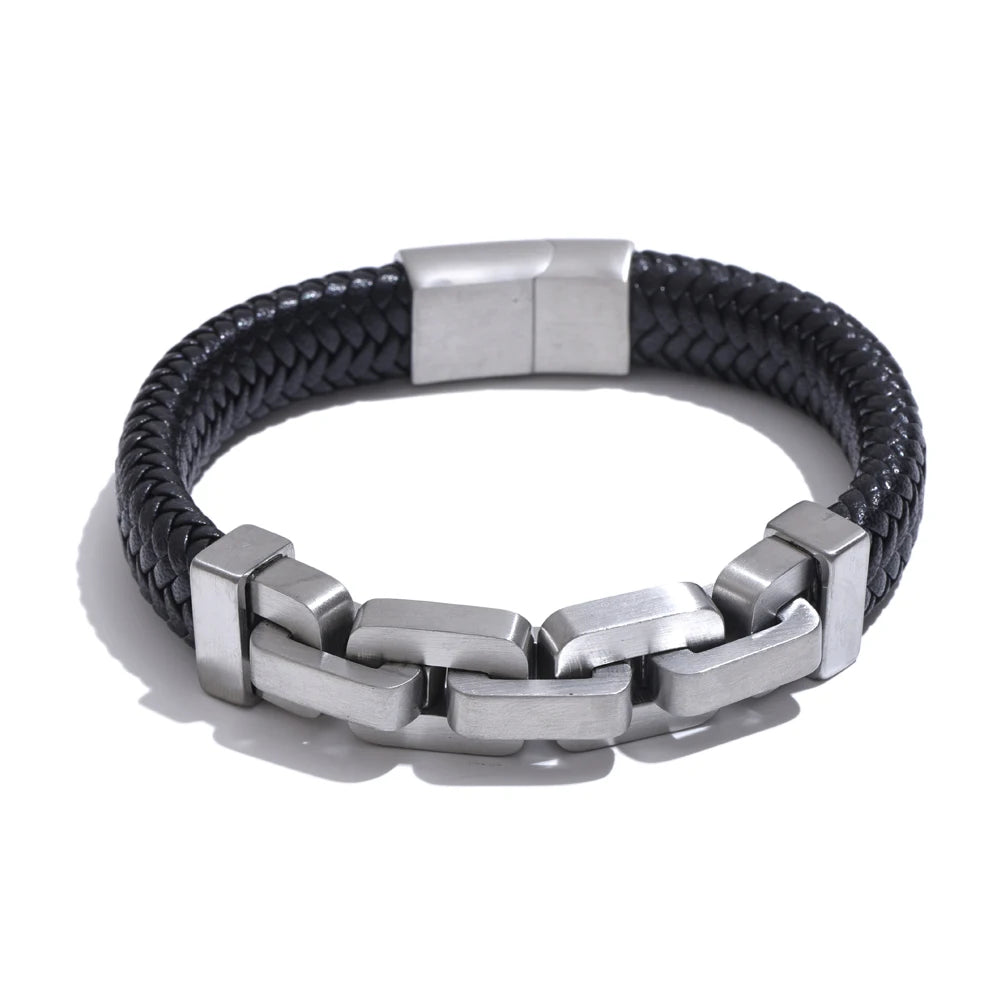 Yhpup chegada 18k pvd banhado a aço inoxidável corrente de metal couro artesanal pulseira masculina jóias de alta qualidade à prova dwaterproof água