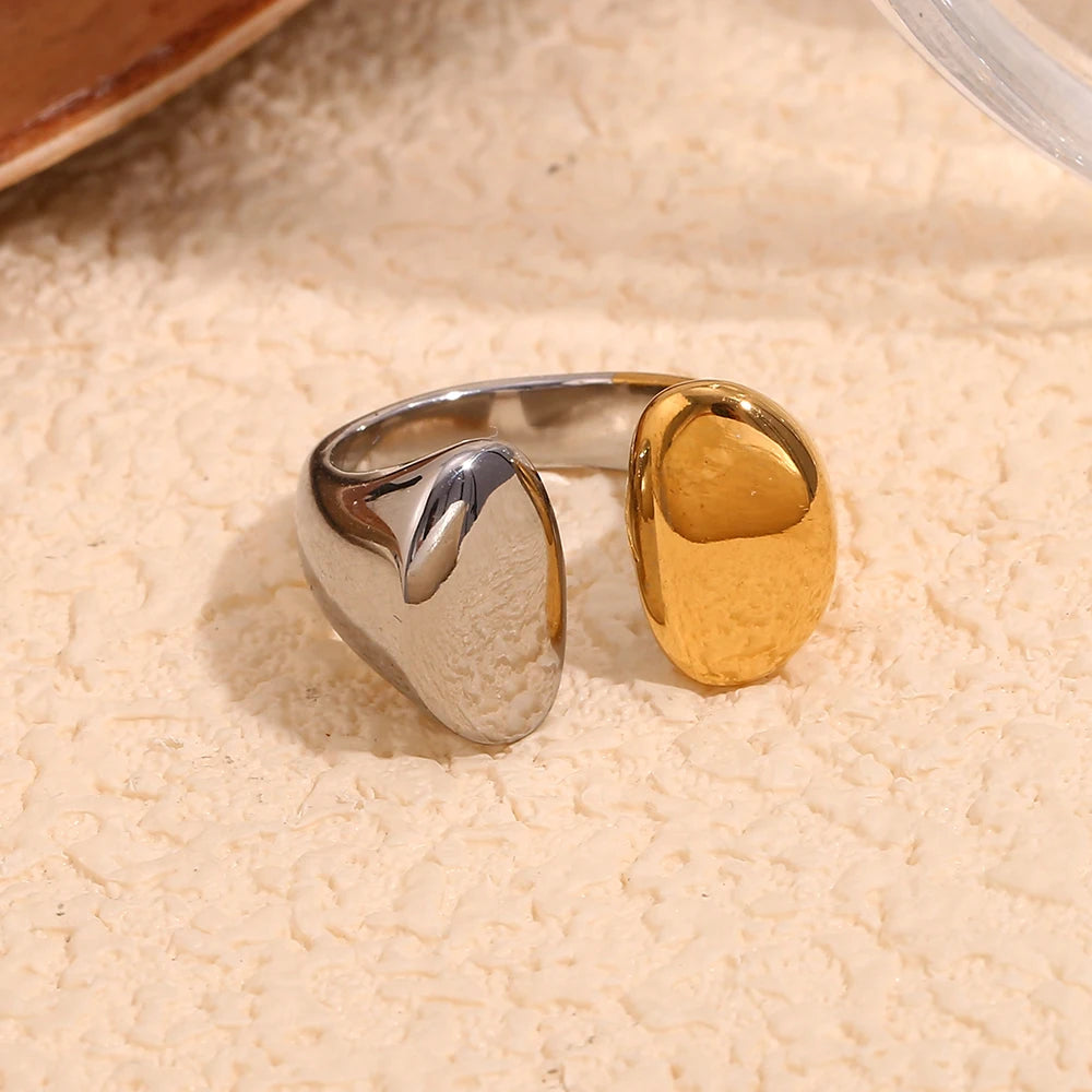 Ebbelle Anel de abertura de cabeças de cor dupla banhado a ouro 18K estilo minimalista anel de joias de aço inoxidável para mulheres festa de meninas