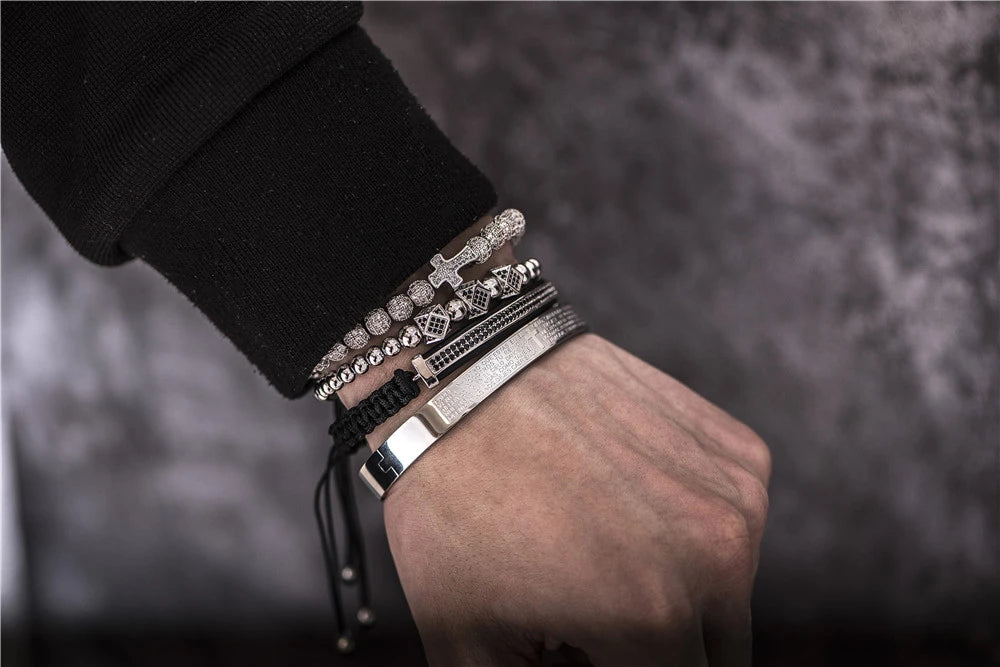 Aço escultura espanhola escritura bracelete para homens, micro zircão cruz bracelete, jóias artesanais de luxo, quente, conjunto 4pc