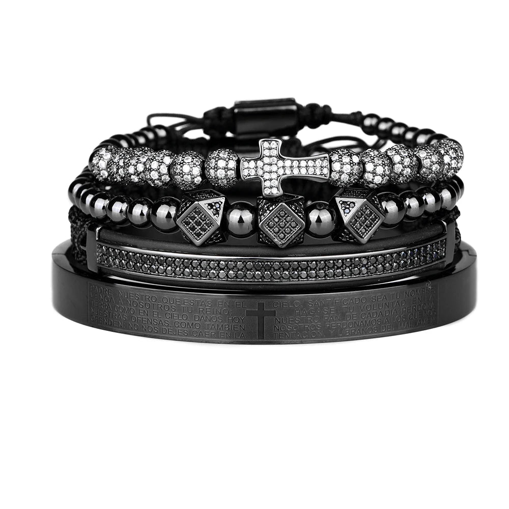 Aço escultura espanhola escritura bracelete para homens, micro zircão cruz bracelete, jóias artesanais de luxo, quente, conjunto 4pc