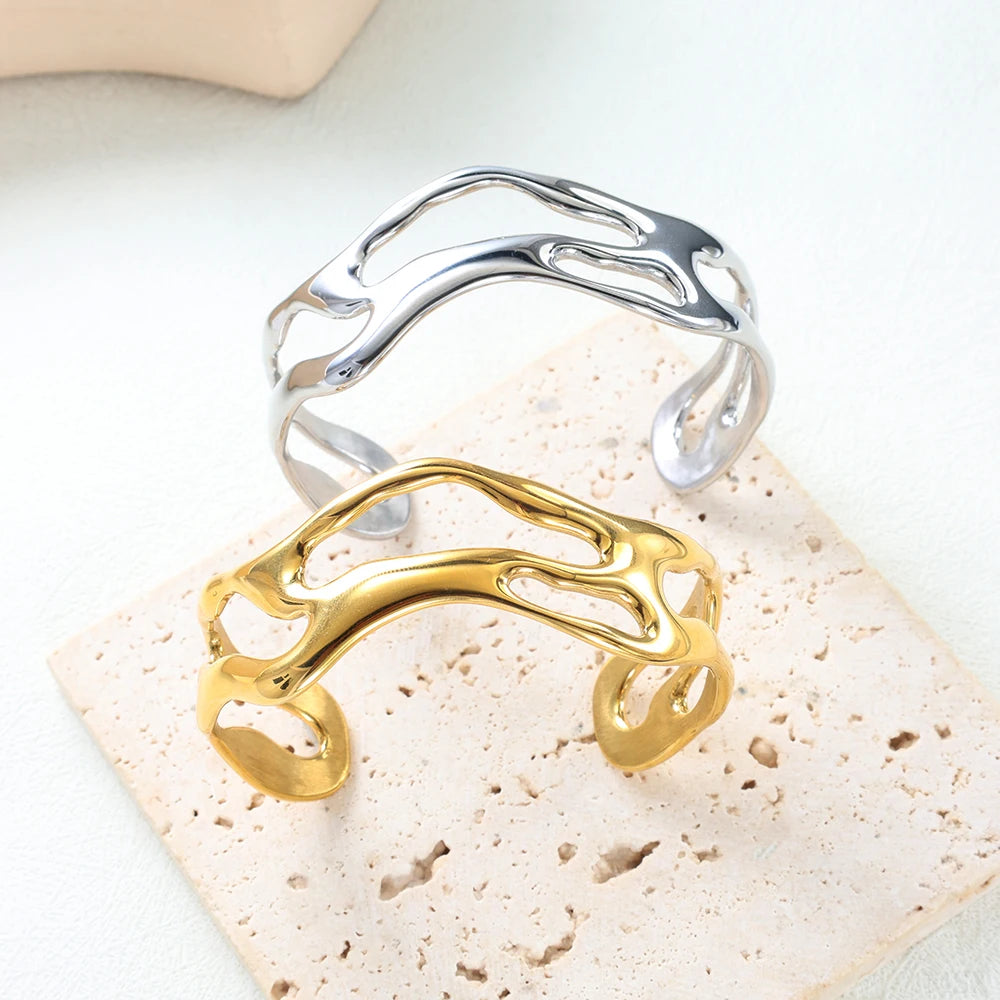 JINHUI-Aço Inoxidável Trendy Irregular Curvo Open-Ended Pulseiras, Chunky Estética Geométrica Jóias, Tendência Personalidade