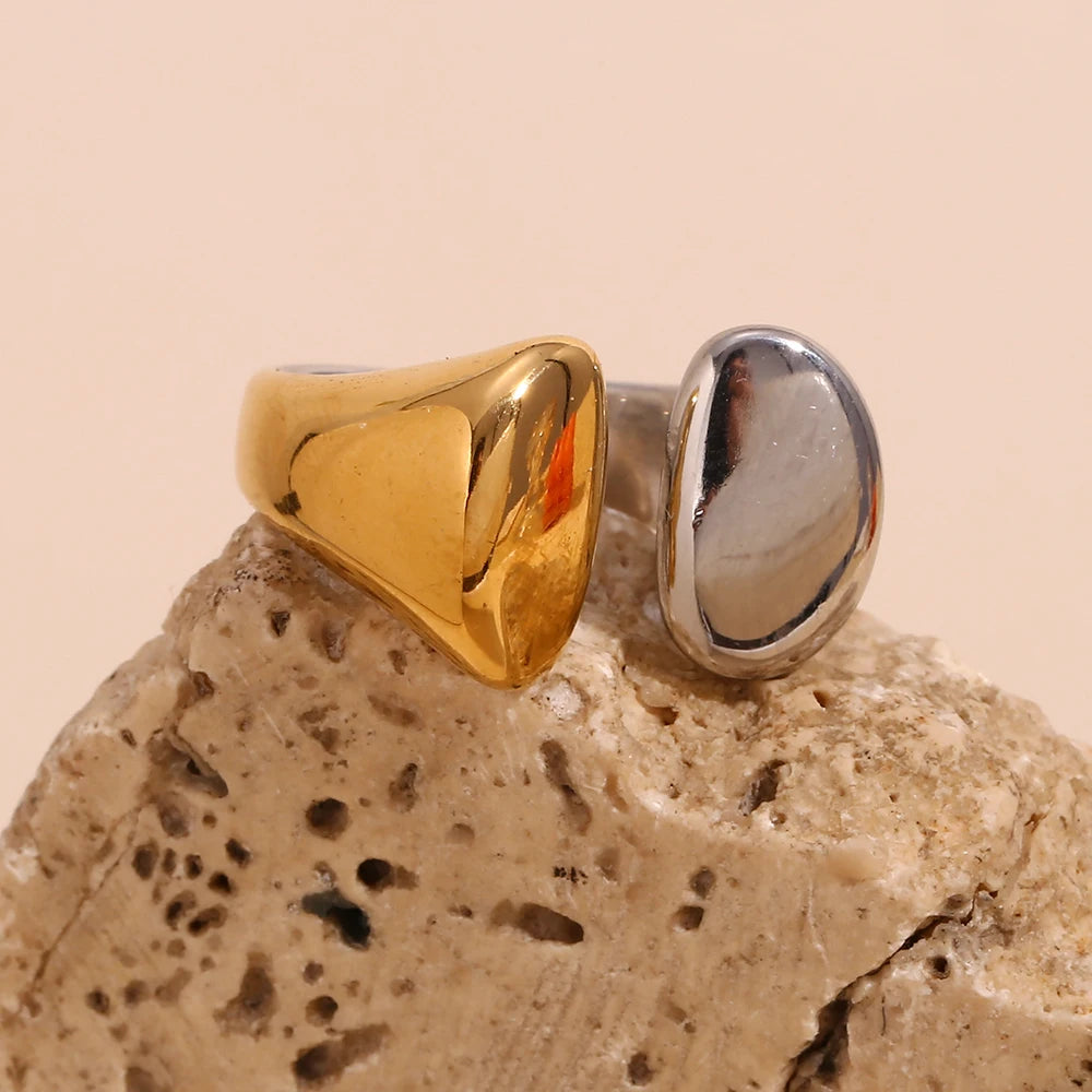 Ebbelle Anel de abertura de cabeças de cor dupla banhado a ouro 18K estilo minimalista anel de joias de aço inoxidável para mulheres festa de meninas