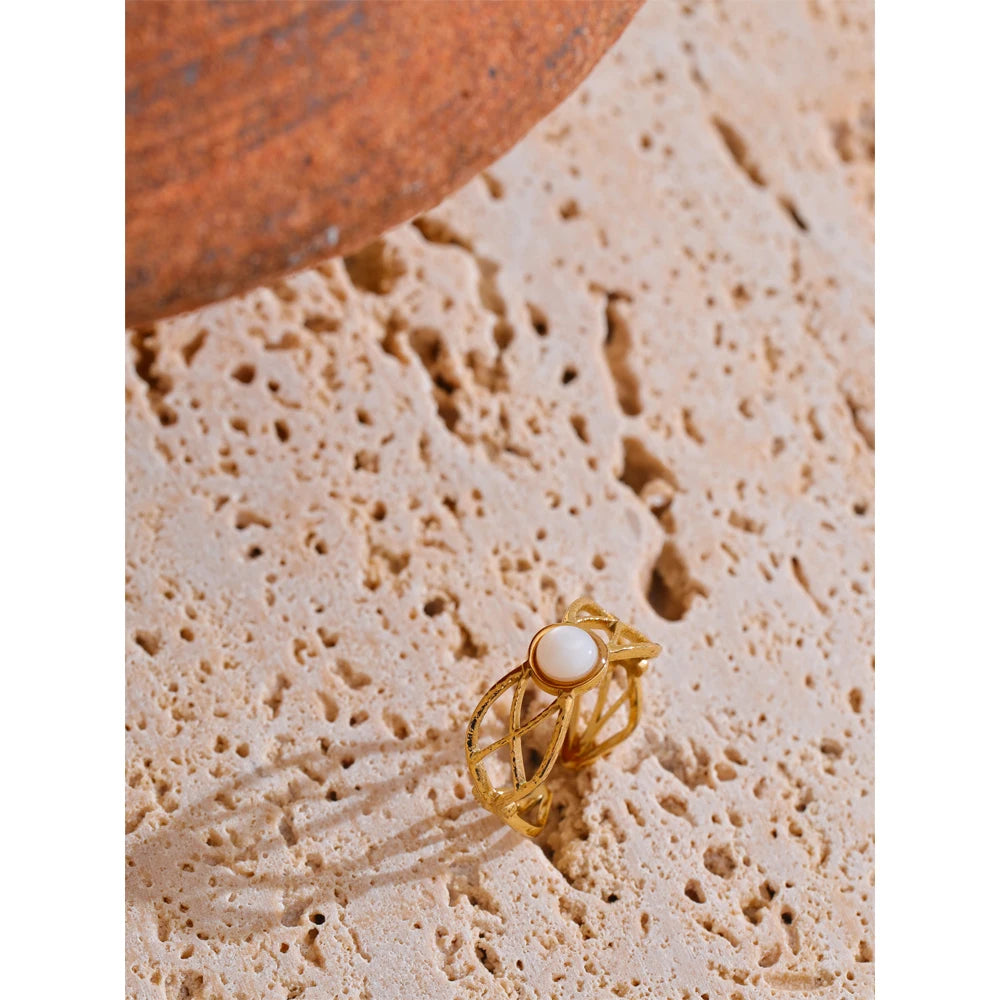 Yhpup moda chique frança anel aberto com concha natural metal requintado tecido ajustável dedo jóias feminino 14k banhado a ouro pvd
