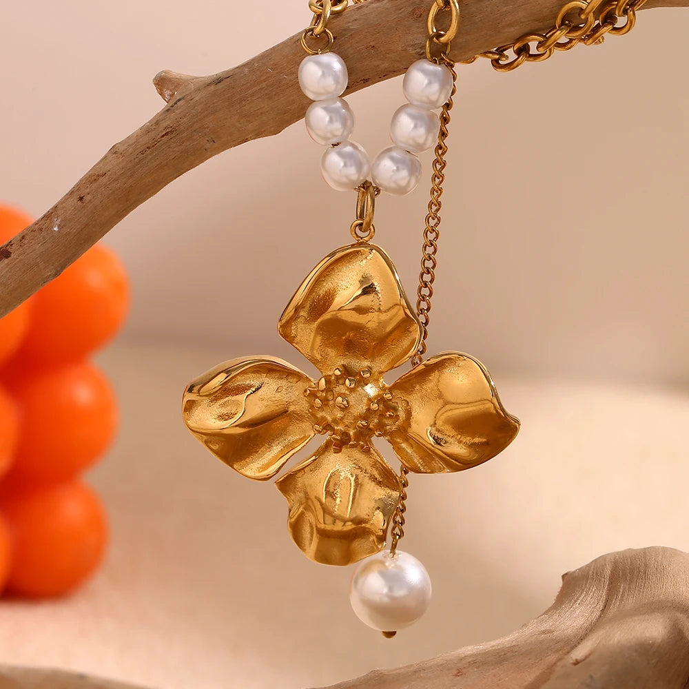 Ebbelle imitação de pérola contas flor pingente colar aço inoxidável banhado a ouro elegante senhora jóias charme hipoalergênico