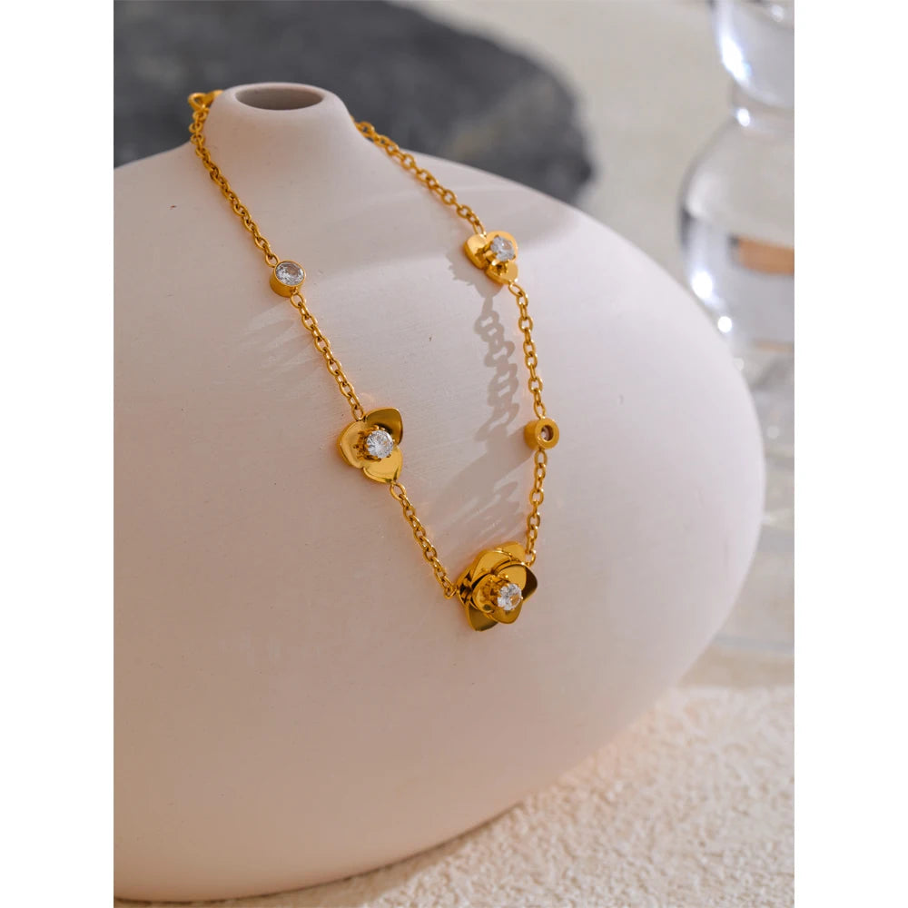 Yhpup presente design exclusivo aço inoxidável zircônia metal flor pulseira feminina 18k cor dourada delicada joias de pulso