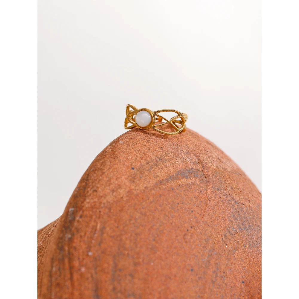 Yhpup moda chique frança anel aberto com concha natural metal requintado tecido ajustável dedo jóias feminino 14k banhado a ouro pvd
