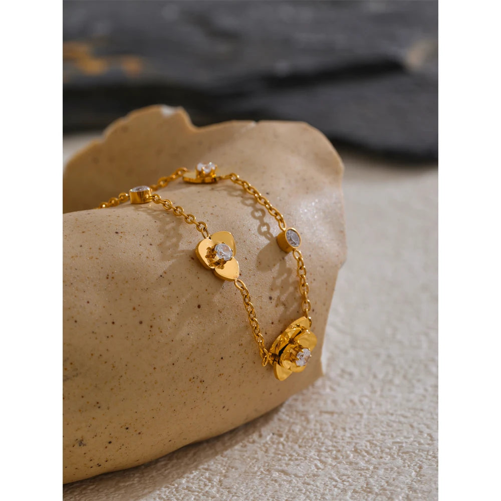 Yhpup presente design exclusivo aço inoxidável zircônia metal flor pulseira feminina 18k cor dourada delicada joias de pulso