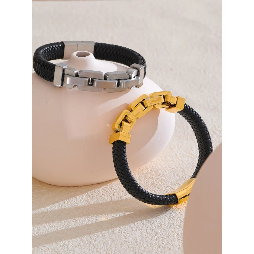 Yhpup chegada 18k pvd banhado a aço inoxidável corrente de metal couro artesanal pulseira masculina jóias de alta qualidade à prova dwaterproof água