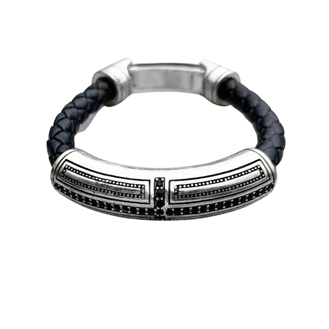 Pulseira Elegance Noir: Prata 925 e Couro Trançado